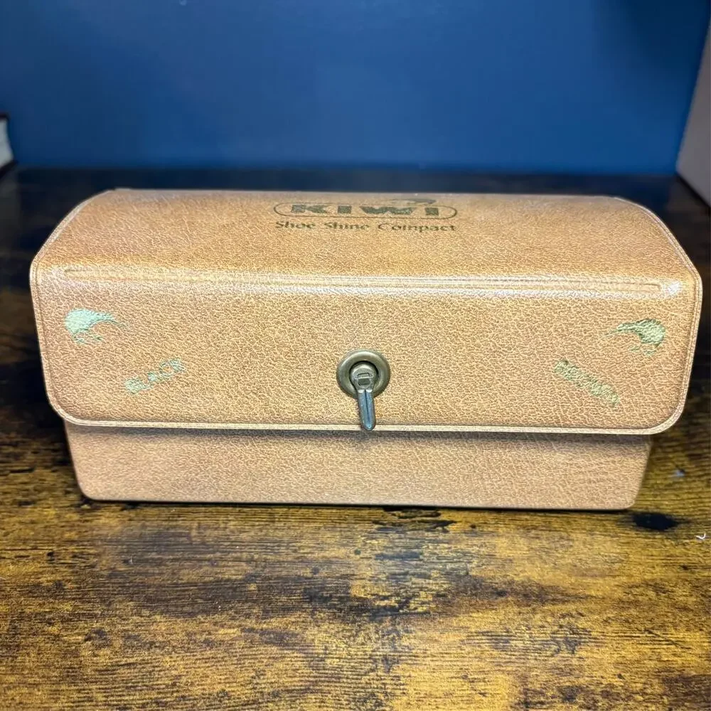 Vintage 1960's Kiwi Shoe Shine Kit 4 Horsehair Brushes Black Brown Polish Case